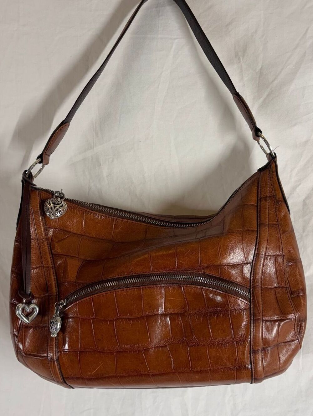 Brighton D366132 Brown Croc-Embossed Leather Hobo Shoulder Bag Heart Charms
